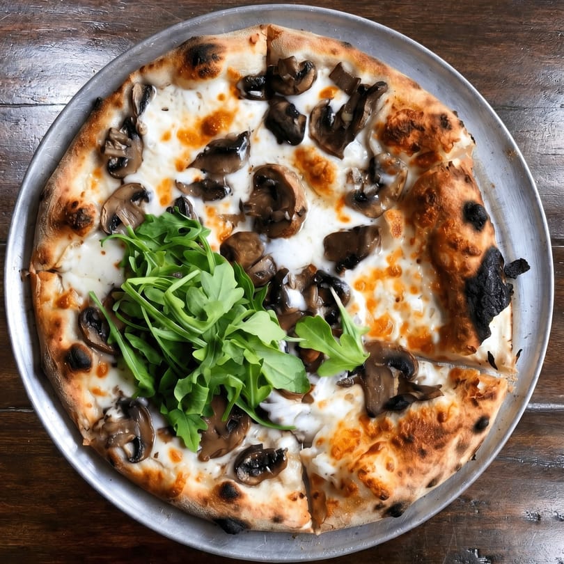 Mushroom and arugula pizza with white sauce on a metal pan, on a wooden table.