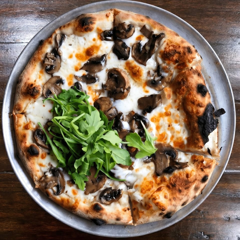 Mushroom and arugula pizza with white sauce on a metal pan, on a wooden table.